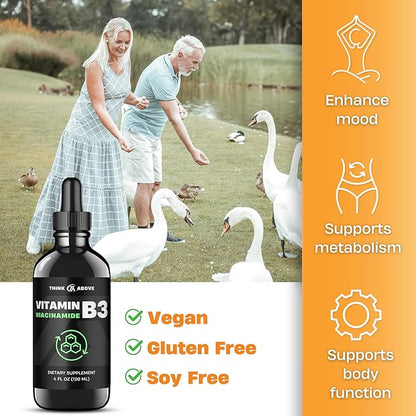 Liquid Vitamin B3 (as Niacinamide) Supplement - Non Flush Form of Niacin - Convenient Niacin Drops for Women and Men - 4 oz (120ml)