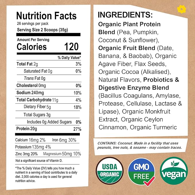 EarthChimp Organic Vegan Protein Powder - with Probiotics - Non GMO, Dairy Free, Non Whey, Plant Based Protein Powder for Women and Men, Gluten Free - 26 Servings 32 Oz (Vanilla) No Scoop