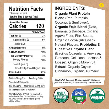 EarthChimp Organic Vegan Protein Powder - with Probiotics - Non GMO, Dairy Free, Non Whey, Plant Based Protein Powder for Women and Men, Gluten Free - 26 Servings 32 Oz (Vanilla) No Scoop