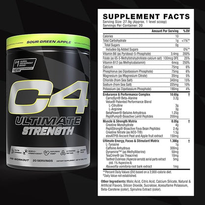 Cellucor C4 Ultimate Strength Pre Workout Powder - Tri-Stim Experience 300mg Caffeine+TeaCrine+Dynamine - Creatine & Beta-Alanine - Energy Supplement for Men & Women - Sour Green Apple, 20 Servings