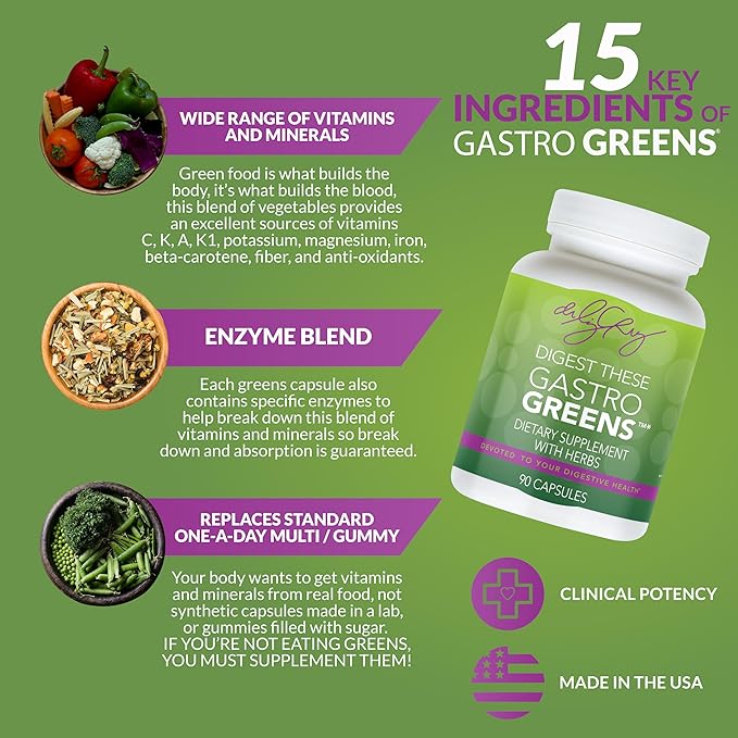 Dr. Liz Cruz Gastro Greens - Greens Supplement, Dietary Supplements with Herbs, Supplements for Women, Men, and Children, Non-GMO, Whole Food Based, 90 Veggie Capsules