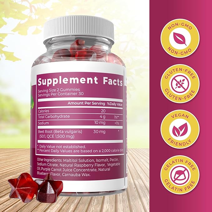 PurePremium Beet Root Gummies - 60 Sugar Free Beet Chews (50:1 Equivalent 1500 mg) - Super Nitric Oxide Gummies - Natural Blueberry Beets Chewables - Beets Supplements for Normal Blood Pressure