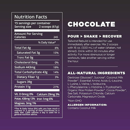 Tailwind Nutrition Recovery Mix, Complete Protein, Carbohydrates, and Electrolytes Powder Drink Mix for Post-Workout, Free of Gluten, Soy, and Dairy, Vegan, 15 Servings, Chocolate
