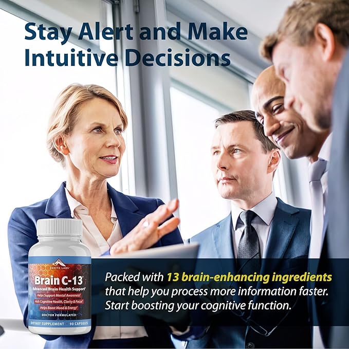 Brain C-13 Cognitive Booster Supplement by Zenith Labs - Natural Brain Health Support - Supports Memory, Focus, Concentration - Mental Clarity for Men Women