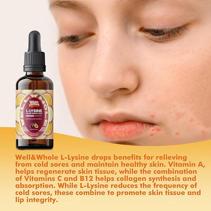 L-Lysine Supplement Liquid Drops | L-Lysine Vitamins 1000mg Tincture with Vitamin A, C, and B12 | Immune Support, Skin & Lips Health, Collagen Synthesis & Muscle Recovery | Non-GMO, Vegan，2 Fl Oz