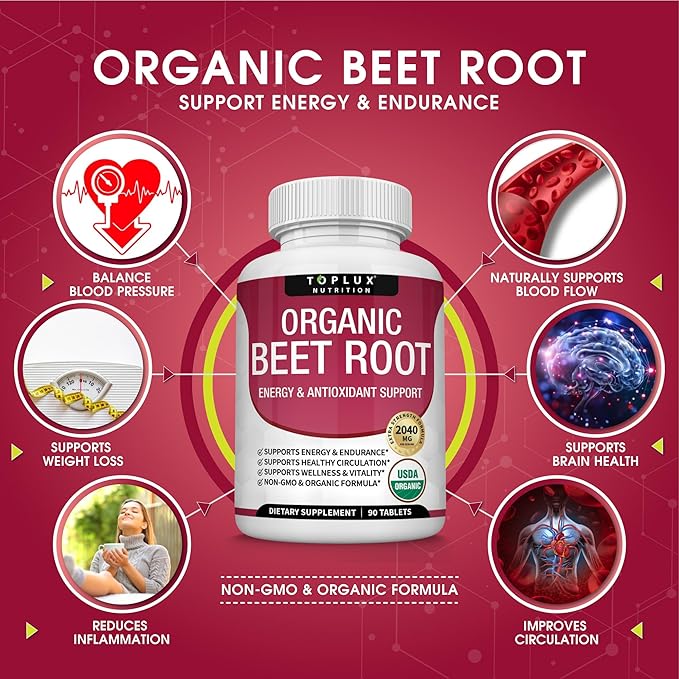 Organic Beet Root Powder Tablets - 2040mg Natural Nitric Oxide Beets to Support, Energy, Black Pepper Better Absorption, Non-GMO, for Men Women, 90 Tablets