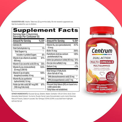 Centrum MultiGummies Multi+ Omega 3 Dual Action, Adult Multivitamin, Multivitamin/Multimineral/Omega 3 Supplement, Strawberry/Lemon/Orange Flavors - 110 Count