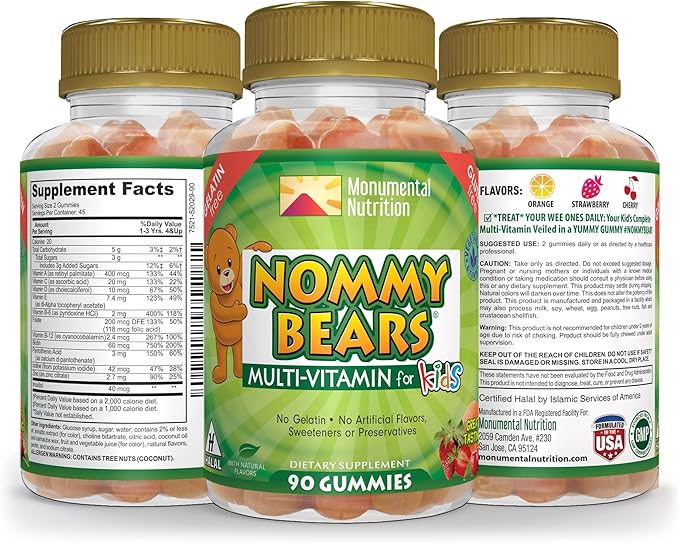 MULTIVITAMIN Gelatin-Free Gummies: for Kids, Children, Teens, Nom Nom Yummy, 3 Delicious Flavors, 11 Essentials, Gluten-Free, Halal Certified, Mommy Approved, Bear Shapes, Vegetarian