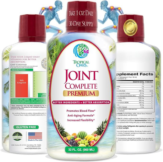 Tropical Oasis Joint Complete Premium - Liquid Joint Supplement with Liquid Glucosamine Sulfate, Chondroitin, MSM & Hyaluronic Acid - 96% Max Absorption– 32oz, 32 serv, 33484
