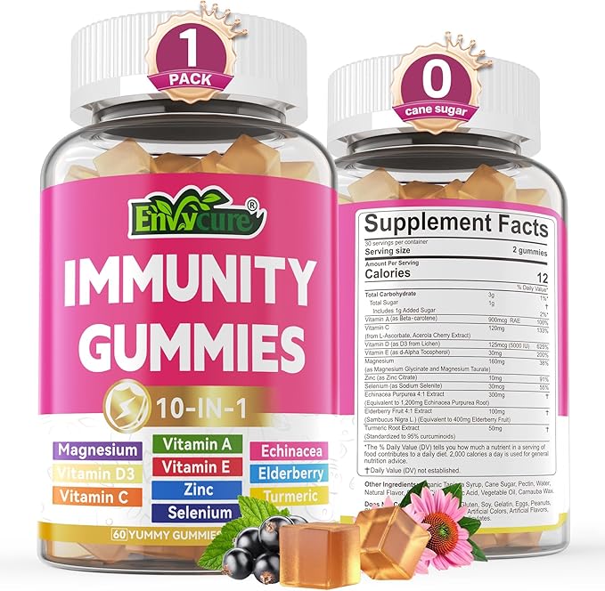 Multivitamin Gummies Daily Immunity Booster, Natural Herbal Elderberry, Echinacea, Turmeric, Vitamin A C, D3 5000IU, E, Zinc, Selenium, Magnesium Support Respiratory, Cellular & Bone Health, 1 Pack