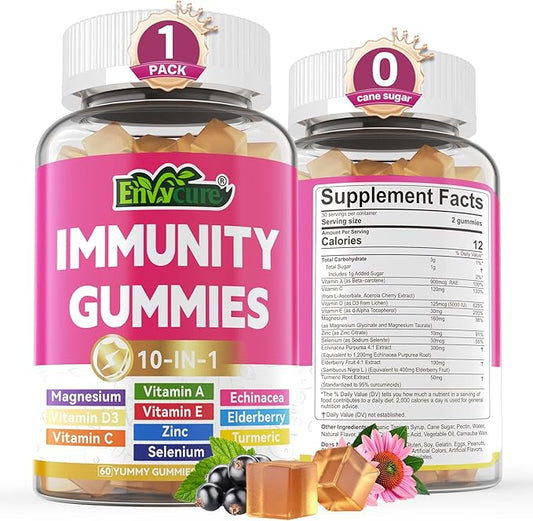 Multivitamin Gummies Daily Immunity Booster, Natural Herbal Elderberry, Echinacea, Turmeric, Vitamin A C, D3 5000IU, E, Zinc, Selenium, Magnesium Support Respiratory, Cellular & Bone Health, 1 Pack