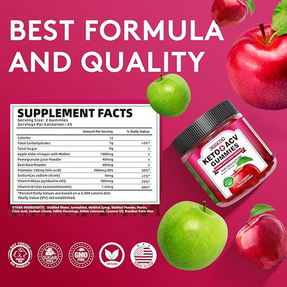 90 Count Sugar Free Keto ACV Gummies with B6 & B12-90 Count Sugar Free Keto ACV Gummies with 1500MG Apple Cider Vinegar, Sugar Free & Gluten Free - Made in USA