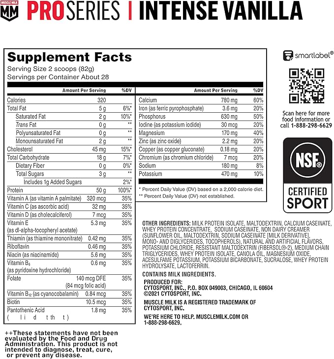 Muscle Milk Pro Series Protein Powder Supplement, Intense Vanilla, 5 Pound, 28 Servings, 50g Protein, 3g Sugar, 20 Vitamins & Minerals, NSF Certified for Sport, Workout Recovery, Packaging May Vary