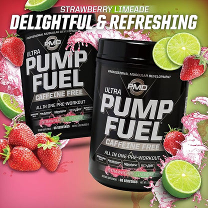 PMD Sports Ultra Pump Fuel Caffeine Free - Pre Workout Drink Mix - Energy, Strength, Endurance, Recovery Complex Carbohydrates and Amino Energy - Strawberry Limeade (30 Servings)