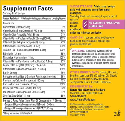Nature Made Prenatal with Folic Acid + DHA, Prenatal Vitamin and Mineral Supplement for Daily Nutritional Support, 90 Softgels, 90 Day Supply