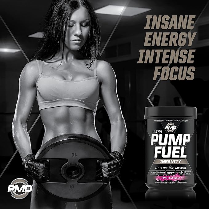 PMD Sports Ultra Pump Fuel Insanity - Pre Workout Drink Mix for Energy, Strength, Endurance, Recovery - Complex Carbohydrates and Amino Energy - Electric Pink Lemonade (30 Servings)