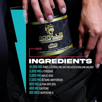 Gorilla Mode Base Pre Workout - Raises Nitric Oxide · Intense Focus & Drive · Endurance · Power - L-Citrulline, L-Tyrosine, Betaine, Alpha-GPC, Caffeine, Huperzine A - 360 Grams (Cherry Blackout)