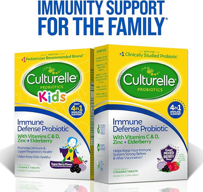 Culturelle Immune Defense Probiotic with Vitamin C, Vitamin D and Zinc + Elderberry, Non-GMO, 4-in-1 Immune Support for Kids Ages 3+*, Mixed Berry Chewables, 30 Count