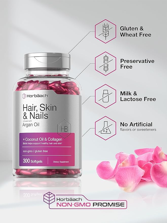 Horbäach Hair Skin and Nails Vitamins | 300 Softgels | with Biotin and Collagen | Infused with Argan Oil and Coconut Oil | Non-GMO, Gluten Free Supplement