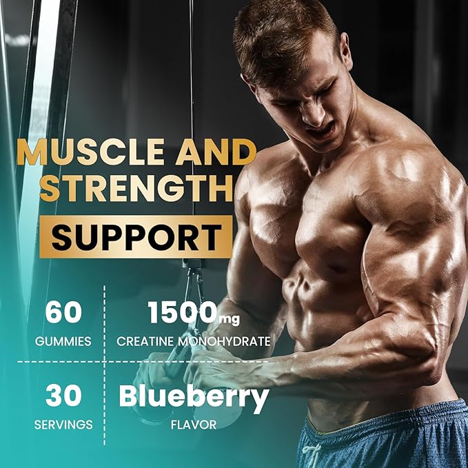 Creatine Monohydrate Gummies for Men & Women, 5000mg Chewables Creatine Supplement for Muscle Growth & Recovery, Promote Energy, Boost Strength, High Absorption, Blueberry Flavor Big Bear Gummies