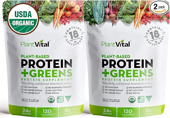 Plantvital Unflavored Organic Vegan Protein Powder - 18 Superfoods, Veggies and Probiotics - Organic Plant-Based Protein Powder - All BCAA’s, Gluten Free - 16oz (Pack of 2)