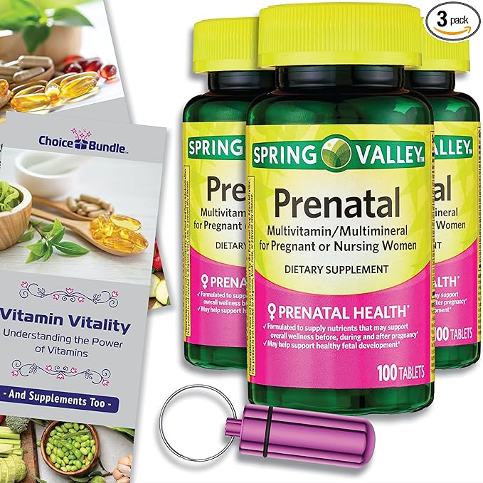 Spring Valley Prenatal Multivitamin Multimineral for Pregnant & Nursing Women Dietary Supplement Tablets 100 Ct 3 pk Choice Bundle (300 Total) + Vitamin Guide & Pill Container (5 Items)!