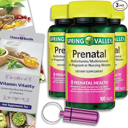 Spring Valley Prenatal Multivitamin Multimineral for Pregnant & Nursing Women Dietary Supplement Tablets 100 Ct 3 pk Choice Bundle (300 Total) + Vitamin Guide & Pill Container (5 Items)!