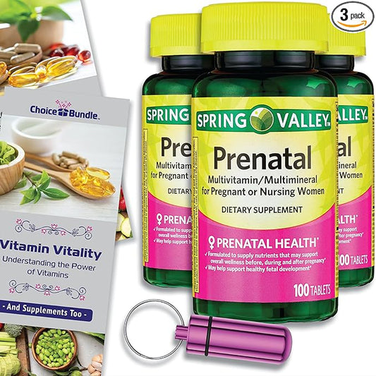 Spring Valley Prenatal Multivitamin Multimineral for Pregnant & Nursing Women Dietary Supplement Tablets 100 Ct 3 pk Choice Bundle (300 Total) + Vitamin Guide & Pill Container (5 Items)!
