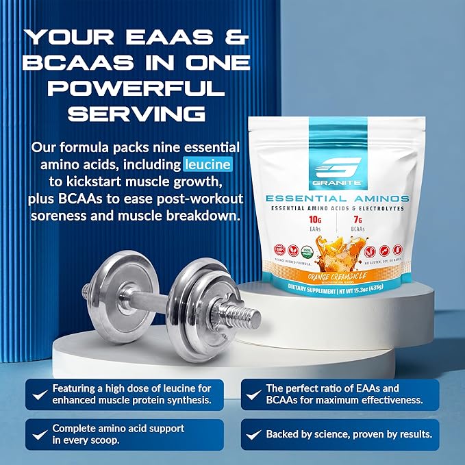 Granite 10g Essential Amino Acids Powder | Muscle Recovery Supplement for Muscle Growth | 7g BCAA Powder with Electrolytes | 30 Servings | Orange Creamsicle Flavor | Soy & Gluten Free | Made in USA