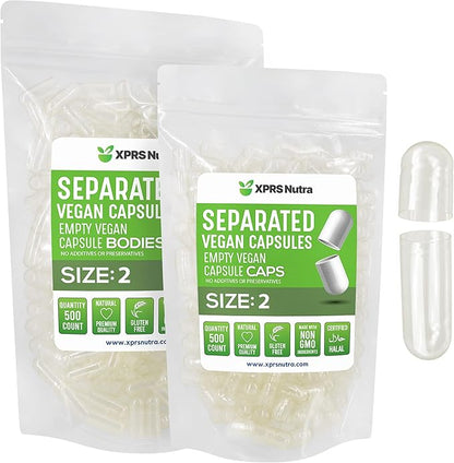 XPRS Nutra Vegan Size 2 Separated Capsules - 500 Count Premium Empty Capsules Separated in Bags - Clear Empty Capsules - Separated Empty Capsules - Pill Capsules Empty for DIY Supplement Filling