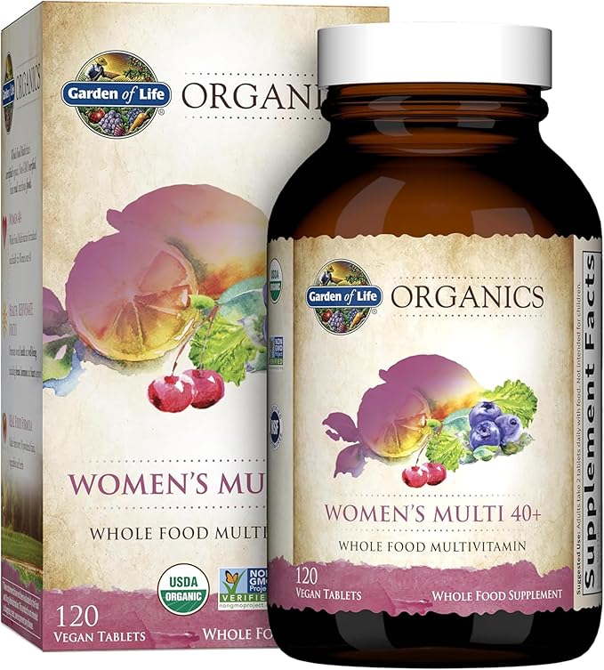 Garden of Life Organics Vitamins for Women 40 Plus - 120 Tablets, Womens Multi 40 Plus, Vegan Vitamins for Women Over 40, Hormone & Breast Health Support Blend, Whole Food Womens Multivitamin