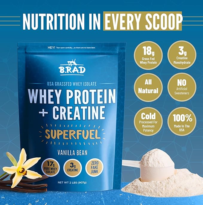 B.rad Grass-Fed Whey Protein Isolate Powder with Creatine | All-Natural, Ultra-Pure, Clean Ingredients | 100% USA-Sourced Superfuel | 2 Pounds | Vanilla Bean