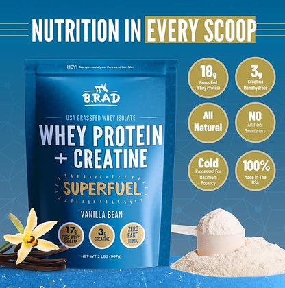 B.rad Grass-Fed Whey Protein Isolate Powder with Creatine | All-Natural, Ultra-Pure, Clean Ingredients | 100% USA-Sourced Superfuel | 2 Pounds | Vanilla Bean
