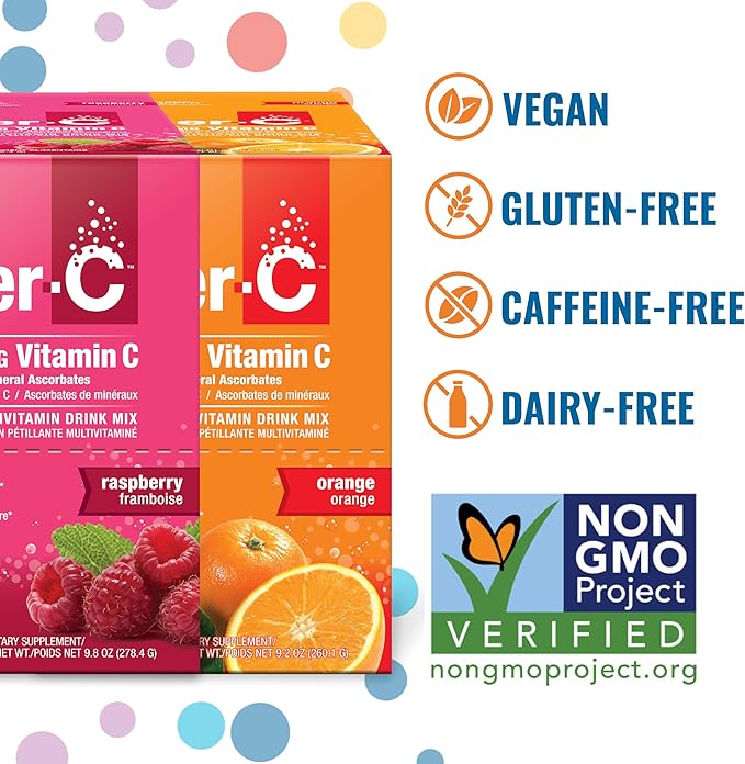 Ener-C Orange & Raspberry Multivitamin Drink Mix Powder Vitamin C 1000mg & Electrolytes with Real Fruit Juice Natural Energy & Immune Support for Women & Men - Non-GMO Vegan & Gluten Free - 60 Count