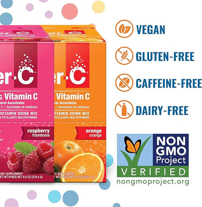 Ener-C Orange & Raspberry Multivitamin Drink Mix Powder Vitamin C 1000mg & Electrolytes with Real Fruit Juice Natural Energy & Immune Support for Women & Men - Non-GMO Vegan & Gluten Free - 60 Count