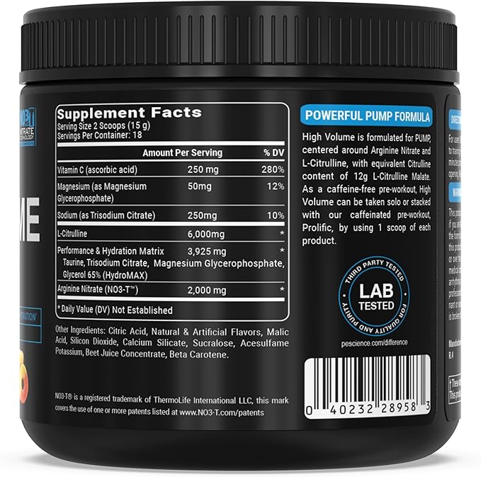 PEScience High Volume Nitric Oxide Booster Pump Pre Workout Powder, Sour Peach Candy, 36 Scoops, Caffeine Free