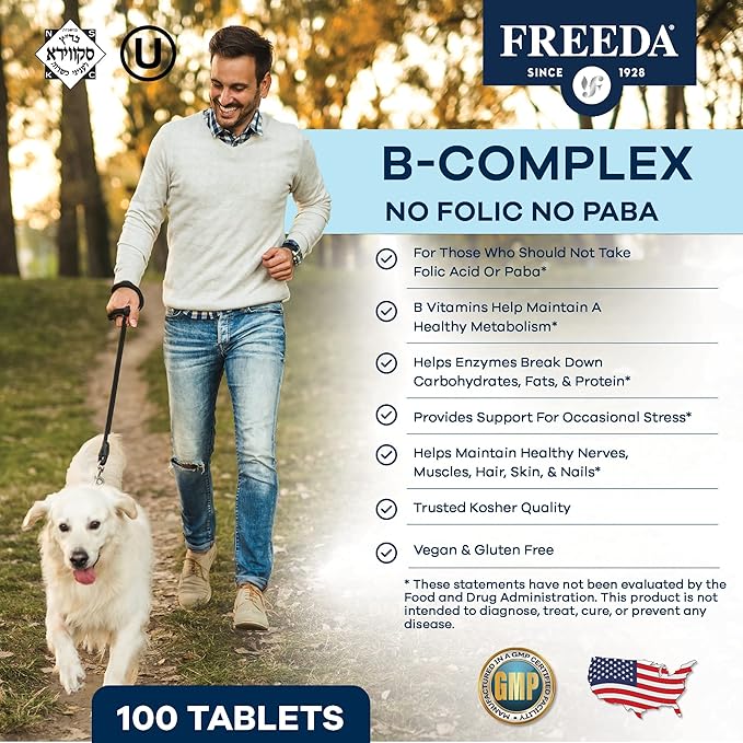 Freeda Vitamin B Complex No Folic No PABA - Super B Complex Kosher Vitamin Supplement with Vitamin B1 Vitamin B2 Vitamin B3 Vitamin B5 Vitamin B6 Vitamin B12 - Vit B Complex B for Women & Men (100 Ct)