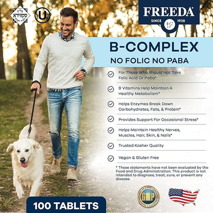 Freeda Vitamin B Complex No Folic No PABA - Super B Complex Kosher Vitamin Supplement with Vitamin B1 Vitamin B2 Vitamin B3 Vitamin B5 Vitamin B6 Vitamin B12 - Vit B Complex B for Women & Men (250 Ct)