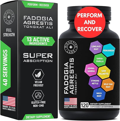 Fadogia Agrestis and Tongkat Ali Supplement - Fadogia Agrestis 600mg, Longjack Tongkat Ali for Men and Women 500mg, Saw Palmetto Ashwagandha Maca Fenugreek - Performance, Drive, Strength - 120 Caps
