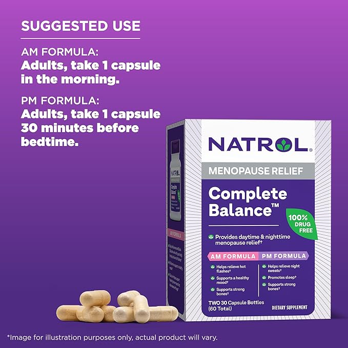 Natrol Complete Balance, Dietary Supplement for Menopause Relief, A.M./P.M. Menopause Relief for Women, 60 Capsules, Up to a 30 Day Supply