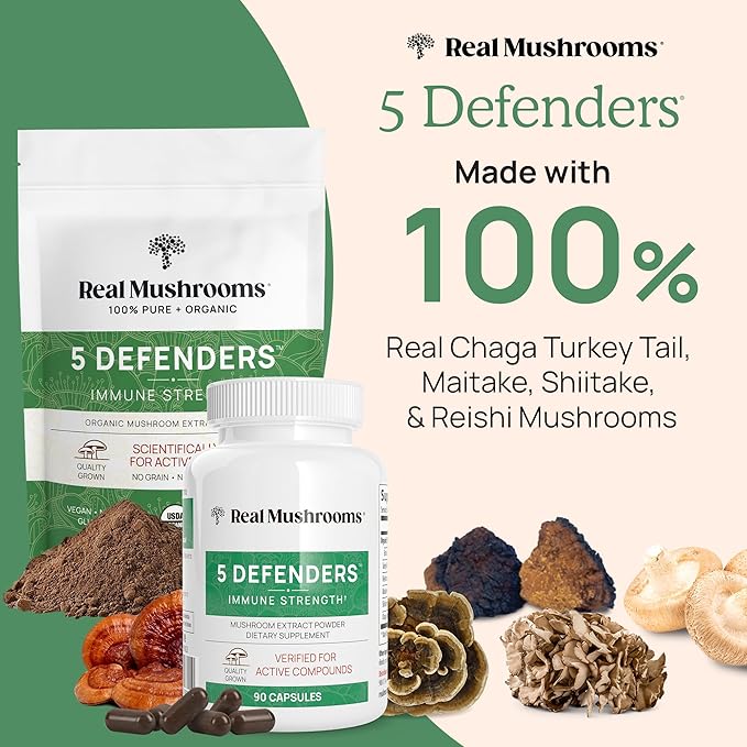 Real Mushrooms 5 Defenders Powder - Organic Mushroom Extract w/Chaga, Shiitake, Maitake, Turkey Tail, & Reishi - Mushroom Supplement for Brain, Focus, & Immune Support - Vegan, Non-GMO, 100 Servings