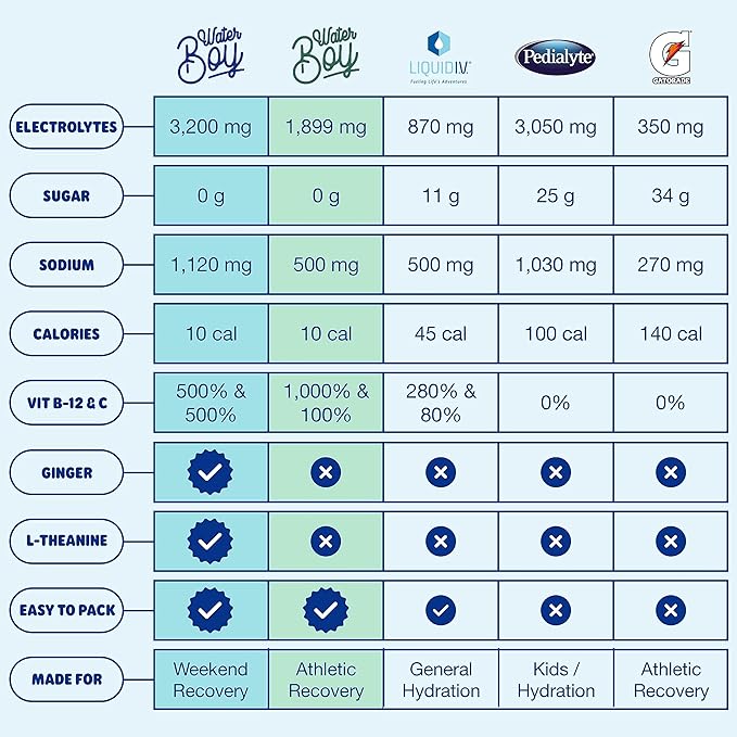 Waterboy Weekend Recovery | 3,200mg Electrolyte Powder Packets | Ginger + L-Theanine + Vitamins | No Sugar, All Natural, Gluten Free | 24 Drink Stick Mixes (Blue Raspberry)