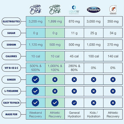 Waterboy Weekend Recovery | 3,200mg Electrolyte Powder Packets | Ginger + L-Theanine + Vitamins | No Sugar, All Natural, Gluten Free | 24 Drink Stick Mixes (Blue Raspberry)