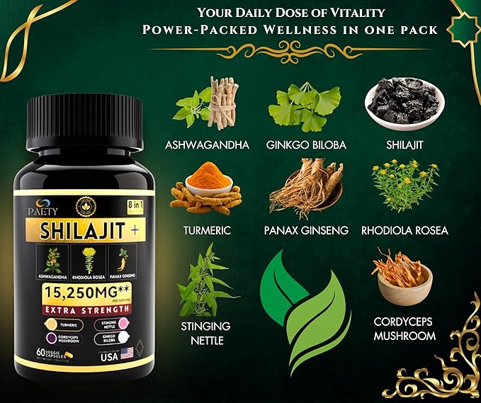 8-in-1 Vitality Bundle | Pure Himalayan Shilajit with Rhodiola, Ashwagandha, Ginseng, Ginkgo Biloba, Turmeric, Cordyceps & Stinging Nettle for Full Body Wellness | Boost Immunity & Enhance Energy