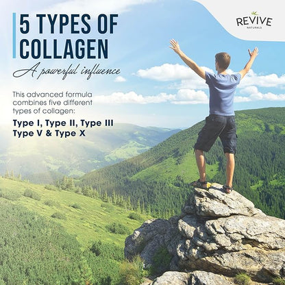 Revive Naturals Multi Collagen Protein Capsules - Types I, II, III, V & X - Hydrolysed Grass Fed Bovine, Wild Caught Marine & Free-Range Chicken, Made with Hyaluronic Acid & Vitamin C, 120 Caps