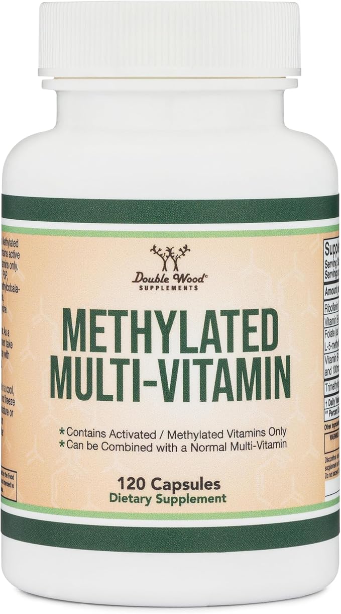 Methylated Multivitamin (Methylated and Activated Vitamins Only - Methylated B Complex with Trimethylglycine (TMG) and Methylfolate)(Non-GMO, Gluten Free MTHFR Supplement) 120 Capsules by Double Wood