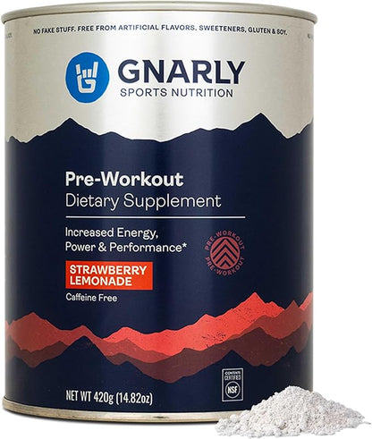 Gnarly Nutrition Natural Pre-Workout Powder - Caffeine Free Pre Workout, NSF Contents Certified, Endurance & Recovery, Sports Nutrition Wellness, -Strawberry Lemonade, 14.82oz