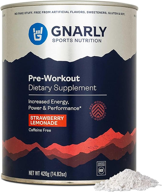 Gnarly Nutrition Natural Pre-Workout Powder - Caffeine Free Pre Workout, NSF Contents Certified, Endurance & Recovery, Sports Nutrition Wellness, -Strawberry Lemonade, 14.82oz