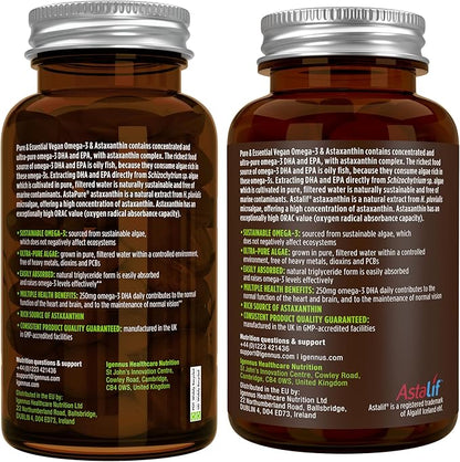 Vegan Omega-3 Natural Triglyceride Algae Oil, DHA & EPA Fatty Acid Supplement, 180 Small Softgels with Astaxanthin, Easy-to-Swallow, Pure & Sustainable, 90 Servings, by Igennus