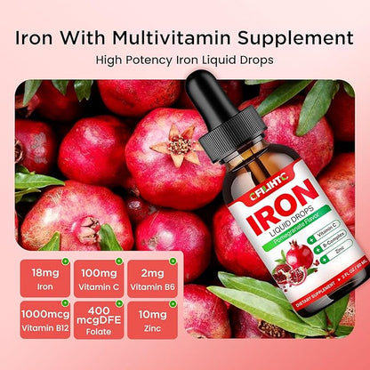 Liquid Iron Supplement for Women Men & Kids Multivitamin Iron Drops with Folate, Vitamin C, B6, B12, Zinc for Anemia, Iron Deficiency, Blood Builder, Energy - Natural Pomegranate Flavor, Vegan 2 Fl Oz